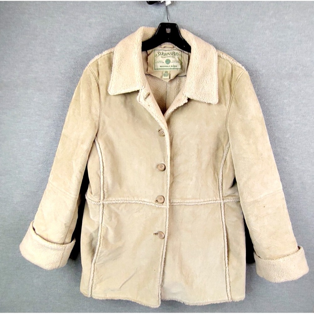 St Johns Bay Womens Jacket Large Beige‎ Leather Suede Sherpa Lined Soft Washable